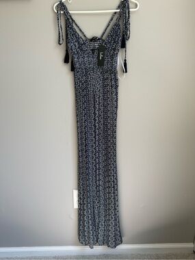 Sleeveless Navy Printed Maxi Dress with Tie Straps